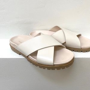 Tamara Mellon Dwell Sandals, Off-White CrissCross Slide Sandals, Size 8US/39EU